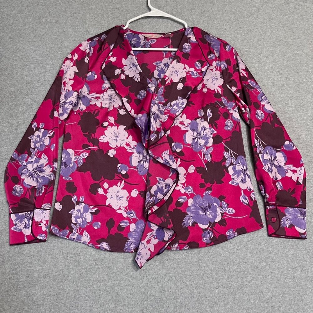 Laurie Felt Shirt Womens Small Pink Long Sleeve Floral Ruffle Front Modern